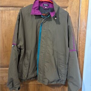 Etonic vintage Olive Green Raincoat with Purple Collar and Teal Trim